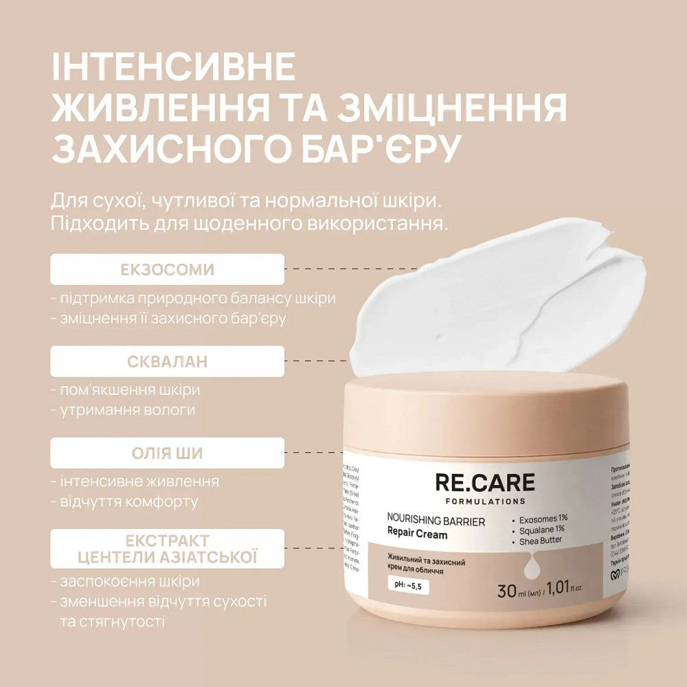 Питательный и защитный крем для лица Nourishing Barrier Repair Cream RE.CARE 30 мл Киев - изображение 11