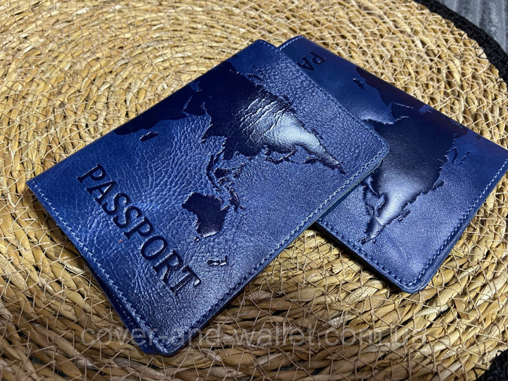 Синя шкіряна обкладинка на паспорт карта світу ST Leather Київ - фото 6