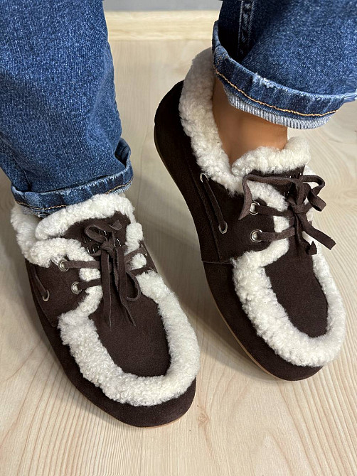 Ботинки женские Hengji 992-6 мокасины замшевые на меху с опушкой коричневые, 36, 23 см Киев - изображение 3