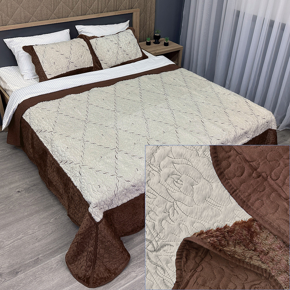 Покривало двостороннє з хутром 210x230 (+-10 см) і 2 наволочки колір коричневий з молочним (85-155) Київ - фото 1