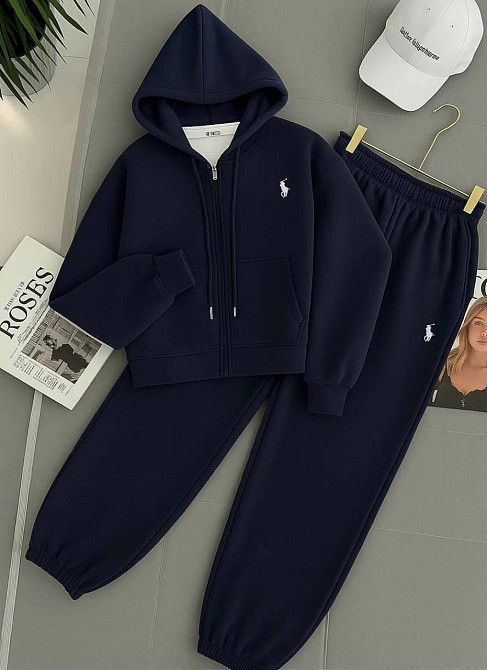 Женский теплый прогулочный костюм двойка: кофта и штаны трехнитка на флисе Темно-синий, 46/48 Одесса - изображение 1