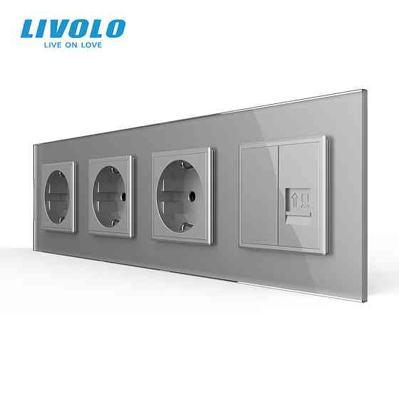 LIVOLO Розетка чотиримісна комбінована Силова Інтернет Livolo сірий скло (VL-C7C3EU1CK0-15) Коломия