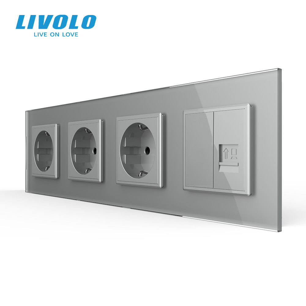 LIVOLO Розетка чотиримісна комбінована Силова Інтернет Livolo сірий скло (VL-C7C3EU1CK0-15) Коломия - фото 1