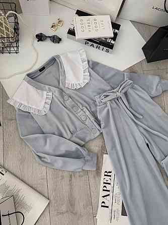 Жіночий плюшевий костюм-двійка: кофта з коміром і штани велюр Блакитний, 42/44 Одеса