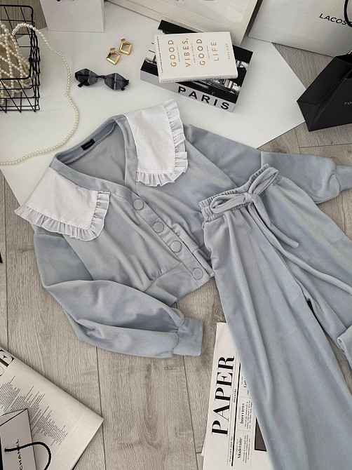 Жіночий плюшевий костюм-двійка: кофта з коміром і штани велюр Блакитний, 42/44 Одеса - фото 6