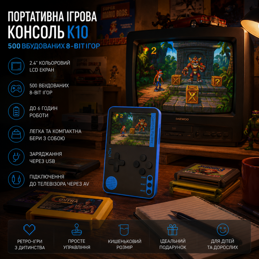 Портативна ігрова консоль K10 2.4" 500 вбудованих 8-bit ігор синя ретро приставка з кольоровим LCD екраном Київ - фото 9