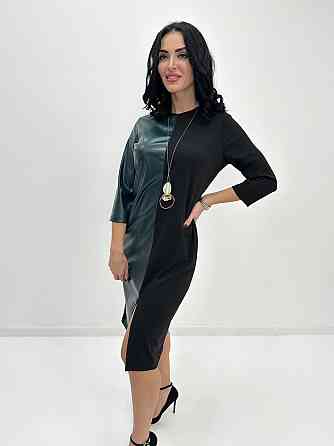 Платье миди с экокожей Martina батал 54-56, Темно-зеленый Киев