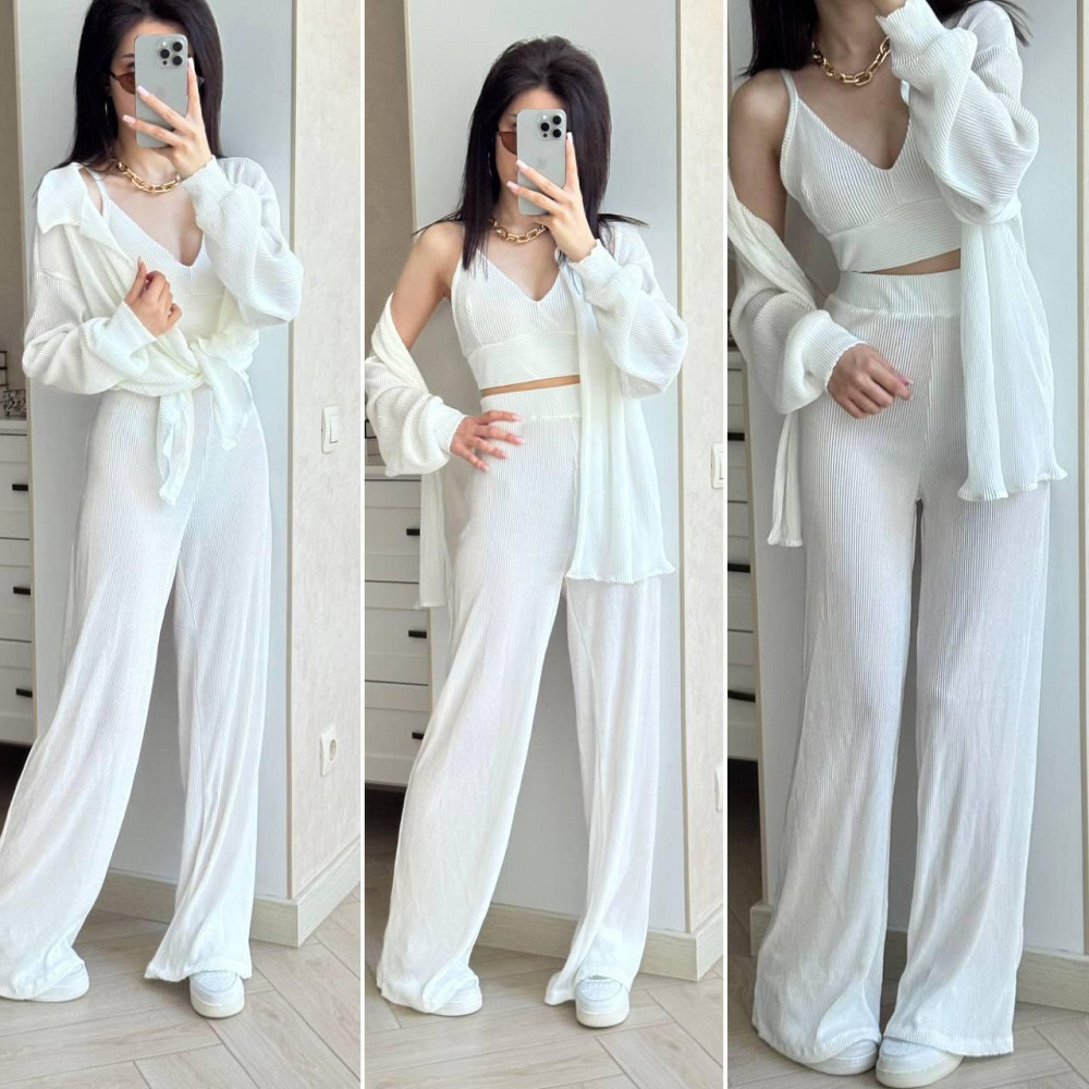 Жіночий легкий базовий костюм-трійка: сорочка топ і штани плісе Молочний, 48/50 Одеса - фото 1