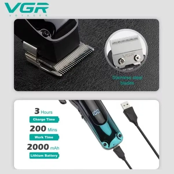 Професійна машинка для стрижки VGR V-013 Blue: акумуляторний тример 6500 об/хв, 7 Вт, 8 насадок та LED-дисплей Одеса - фото 1