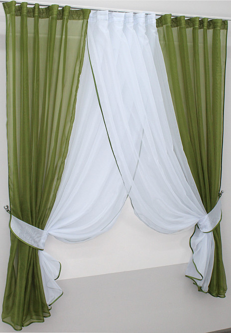 Кухонные шторки VR-Textil № 096к с подвязками оливковый с белым 400х170 см (50-804) Киев - изображение 1