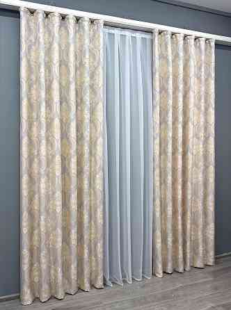 Комплект готовых штор VR-Textil Лен Корона Мария № 1268ш Светло-серый с золотистым 150х270 см 2 шт (33-0096) Киев