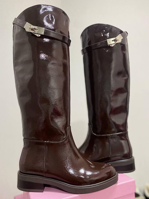 New Style Чоботи жіночі демісезонні весна-осінь на низькому ходу шоколадні з натуральної шкіри Коломия - фото 1