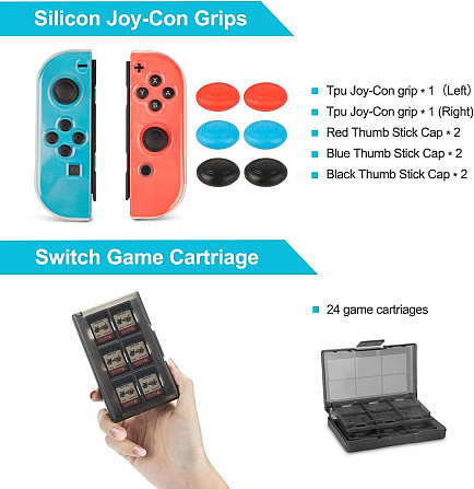 Аксессуары для Nintendo Switch 19-в-1 – чехол, зарядная станция, подставка, руль, грипсы, стекло, ка Киев - изображение 7