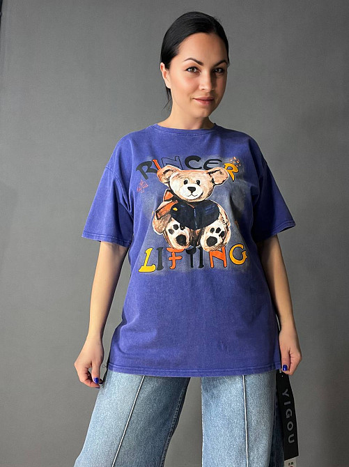 Футболка жіноча YIGOU 76 тай-дай з ведмедиком оверсайз, синій, one size Київ - фото 9