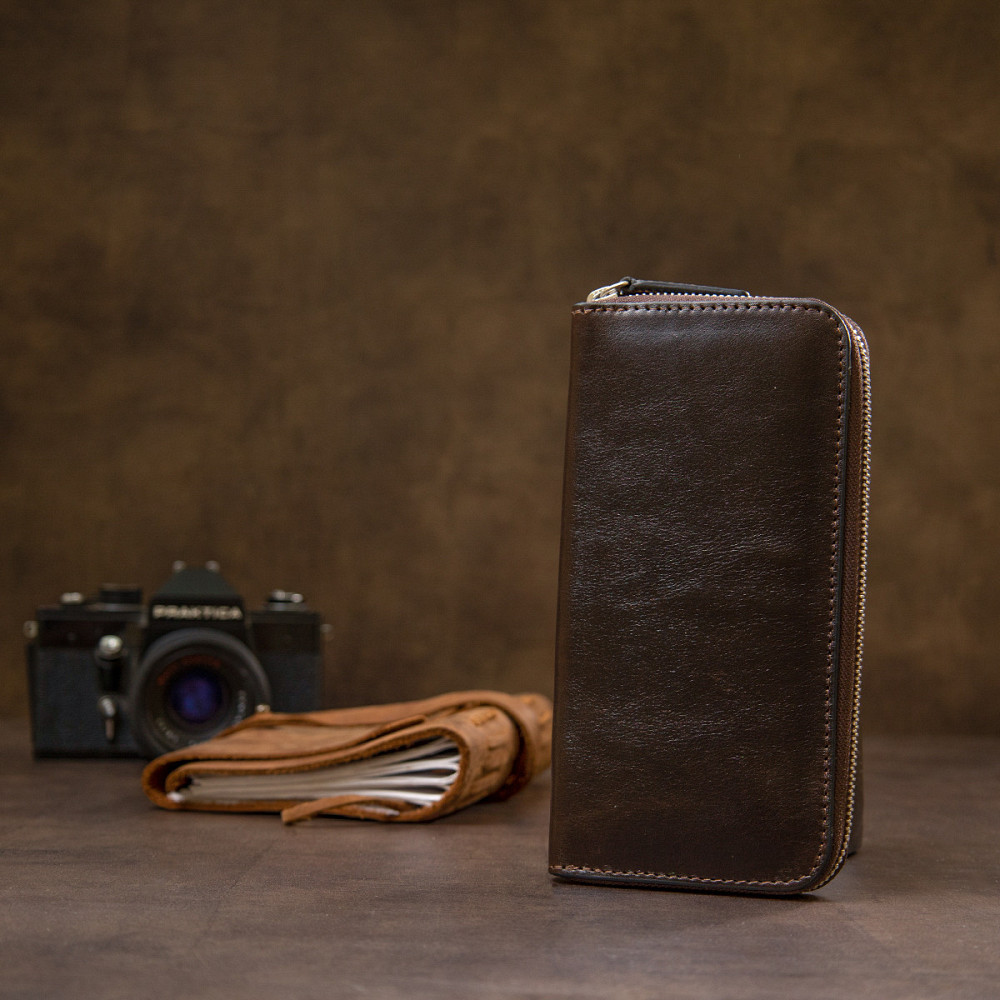 Шкіряне жіноче глянцеве портмоне Коричневий (GRANDE PELLE) Київ - фото 2