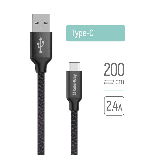 Кабель USB Type-C ColorWay CW-CBUC008-BK 2,4A 2м чорний Житомир