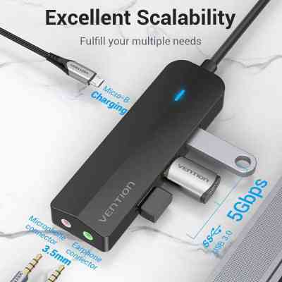 Концентратор Vention USB 3.1 Type-C to 3xUSB 3.0+MicroUSB+3.5mm Sound Adapter black (TGQBB) Винница