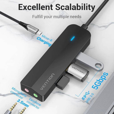 Концентратор Vention USB 3.1 Type-C to 3xUSB 3.0+MicroUSB+3.5mm Sound Adapter black (TGQBB) Винница - изображение 3