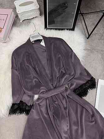 Женский домашний халат на запах велюр с кружевом Фиолетовый, Oversize 42/46 Одесса