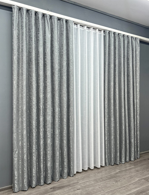 Комплект штор VR-Textil Льон Мармур 100х270 2шт і Тюль 300х270 1911ш-115т Світло-сірий з білим 71-131/1 Київ - фото 3