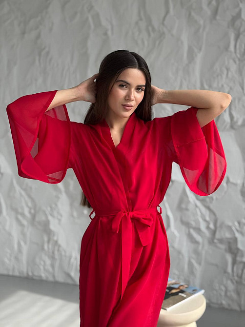 Довгий шифоновий халат Красный L/2XL Харьков - изображение 4
