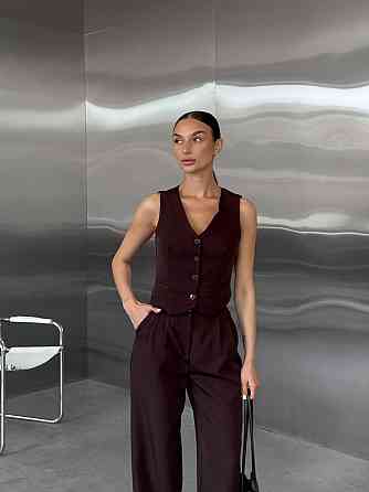 Женский классический брючный костюм двойка: жилет и брюки костюмка Шоколадный, 46/48 Одесса