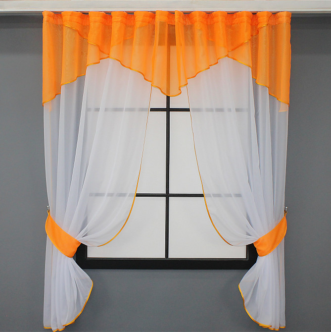 Кухонные шторки VR-Textil № 00к с подвязками белый с оранжевым 280х170 см (59-884) Киев - изображение 1