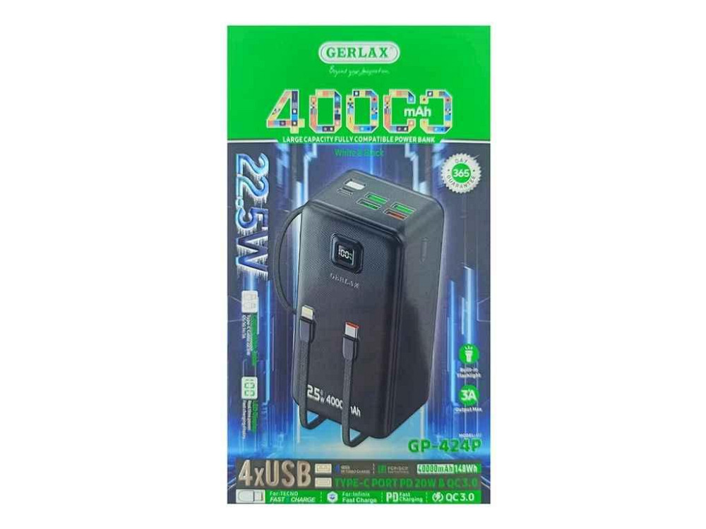 Power Bank 40000mAh GP-424P 4USB/3A/PD20W/22.5W/QC3.0/фонарик/LED дисплей/кабель 2в1 (Type-C/Lightning) чорний ТМ GERLAX Київ - фото 1