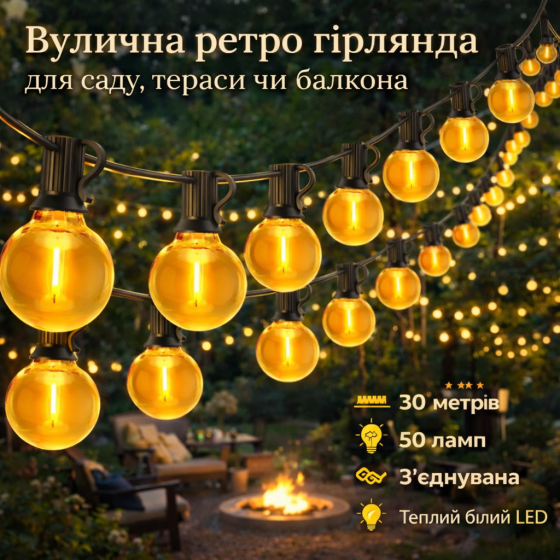 Гирлянда уличная LED G40 30м 50 ламп, теплый белый, соединительная, ретро лампочки для сада, террасы, балкона Киев
