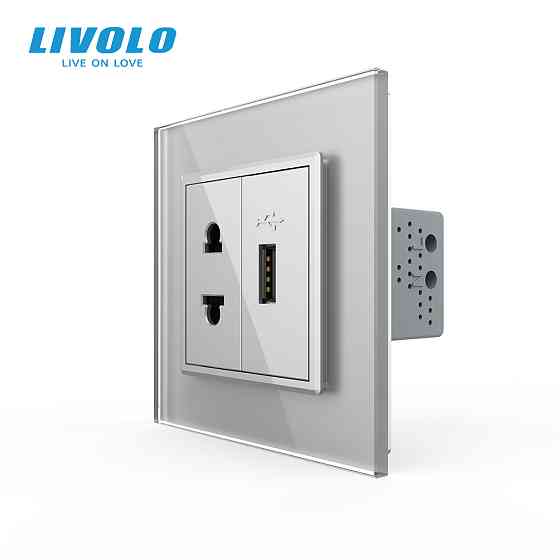 Розетка універсальна з USB розеткою Livolo сірий скло (VL-C7C1AUSB-15) Коломыя
