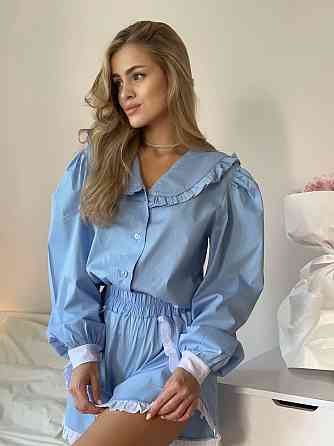 Женский летний костюм двойка: рубашка и шорты в пижамном стиле коттон Одесса