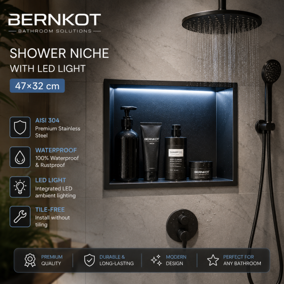 Ніша для душу Bernkot 47×32 см зі світлодіодним LED-підсвічуванням, нержавіюча сталь AISI 304, матово-чорна, вбудована Київ