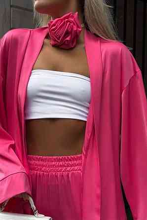 Жіночий базовий костюм-двійка: кімоно та штани атлас Малиновий Одеса