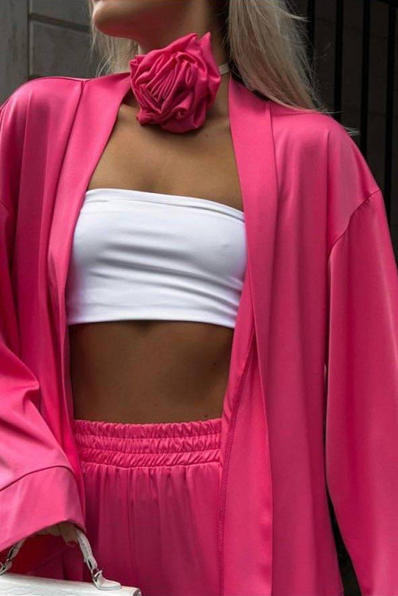 Жіночий базовий костюм-двійка: кімоно та штани атлас Малиновий Одеса - фото 6