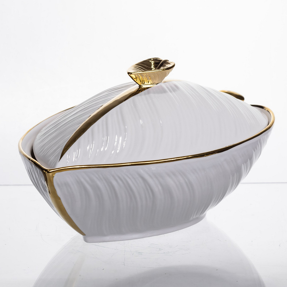 Yiwu Супниця 800 (мл) порцелянова 32×21×16 (см) з кришкою Біла з золотом XL-4054AG Коломыя - изображение 4