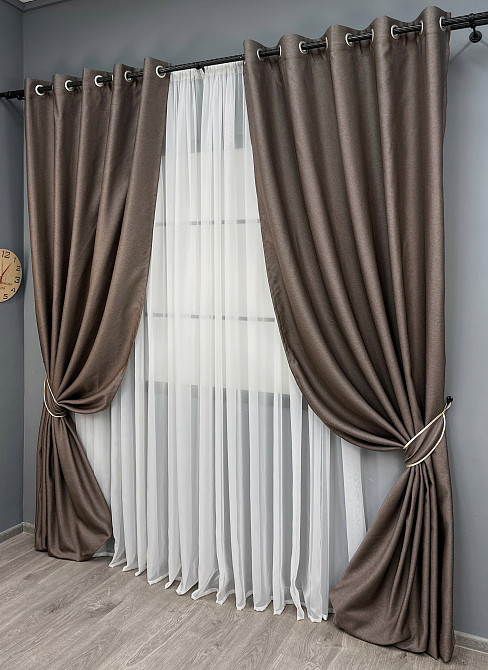 Комплект готовых штор на люверсах VR-Textil Рогожка TERRA LUXE № 1855ш Коричневый 150х270 см 2 шт (37-0313) Киев - изображение 3