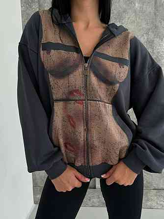 Женская стильная оверсайз худи с капюшоном на молнии петля пенье + турецкая рибана Графит, 48/50 Одесса