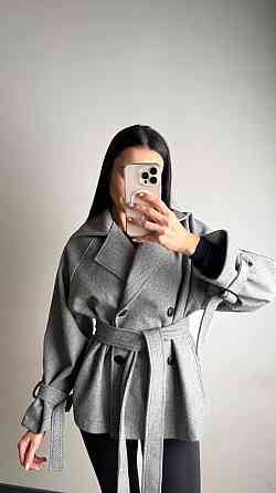 Женское трендовое пальто с двубортной застежкой на пуговицы и поясом Серый Одесса