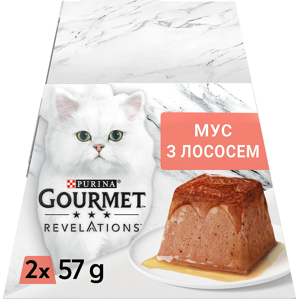 Вологий корм GOURMET Revelations для дорослих котів, мус з підливкою, що стікає, з лососем, 2x57 г Київ - фото 1