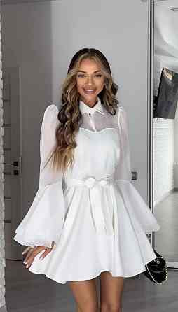 Женское нежное платье с шифоновыми рукавами и воланами костюмка + шифон Молочный, 46/48 Одесса