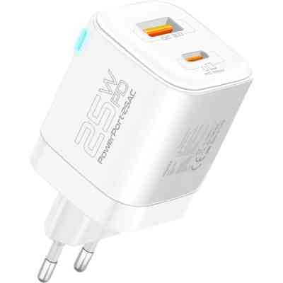 Зарядний пристрій Promate USBC PD25W + USBA QC3.0 18W White (powerport-25ac.white) Вінниця
