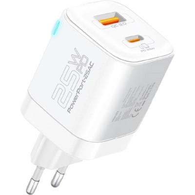 Зарядное устройство Promate USBC PD25W + USBA QC3.0 18W White (powerport-25ac.white) Винница - изображение 1