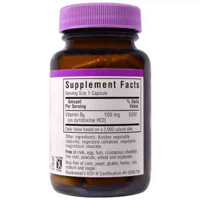 Витамин Bluebonnet Nutrition Витамин B6 100 мг, Vitamin B6, 90 вегетарианских капсул (BLB0430) Винница