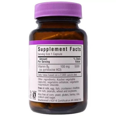 Вітамін Bluebonnet Nutrition Вітамін B6 100 мг, Vitamin B6, 90 вегетаріанських капсул (BLB0430) Вінниця - фото 2
