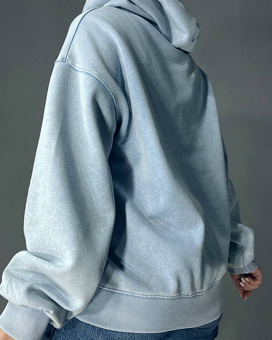 Худи женский A-N 25040 удлиненный оверсайз с капюшоном вареный дай цветная надпись впереди one size, голубой, one size Киев - изображение 9