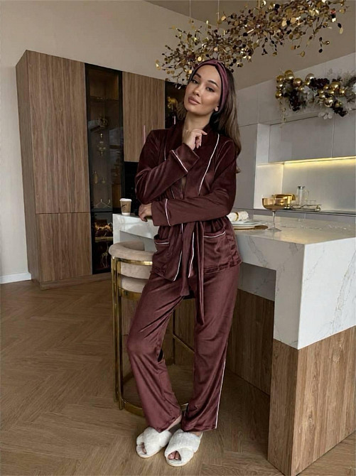 Жіноча затишна піжама: халат-кімоно, штани + пов'язка на голову велюр Шоколад, 42/44 Одеса - фото 4