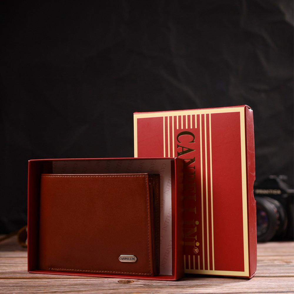 Надійний горизонтальний чоловічий гаманець середнього розміру з натуральної гладкої шкіри CANPELLINI 21862 Коричневий Київ - фото 1