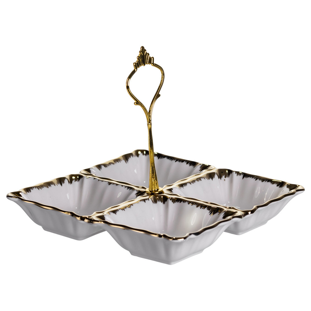 Менажниця порцелянова на 4 секції для закусок тарілка менажниця 18×18×3 (см) менажниця з ручкою Білий з золотом LC-BYL-100 Коломия - фото 3