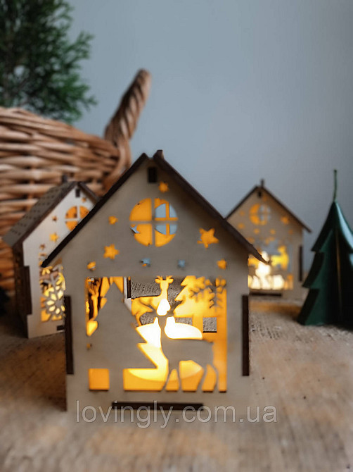 Эко-домик из дерева с LED подсветкой 13 см -креативный подарок и зимний декор Ирпень - изображение 2