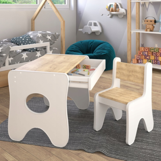 Набір дитячих меблів столик з ящиком та стільчик 70×45×51, стіл та стілець для дітей, білий з деревом Київ